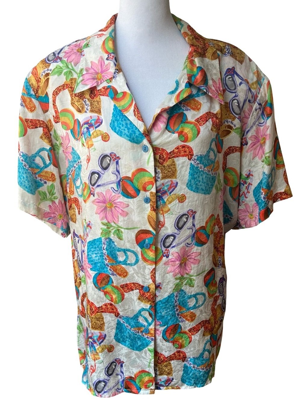 VTG Corey B NY 100% silk colorful  playful beachy vacay print button shirt 1X